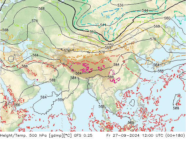 Z500/Rain (+SLP)/Z850 GFS 0.25 ven 27.09.2024 12 UTC