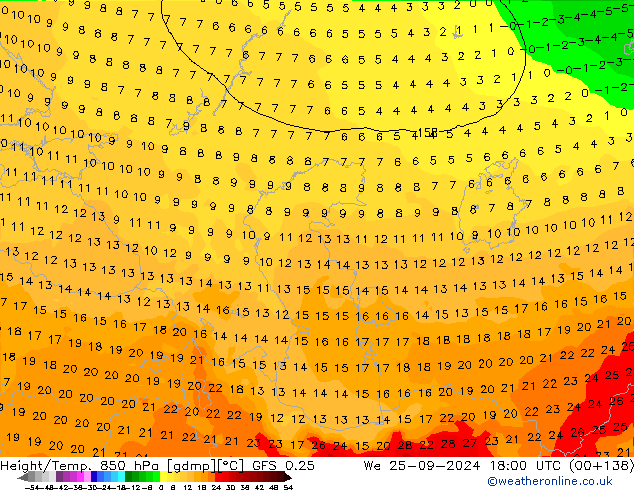 Z500/Rain (+SLP)/Z850 GFS 0.25  25.09.2024 18 UTC