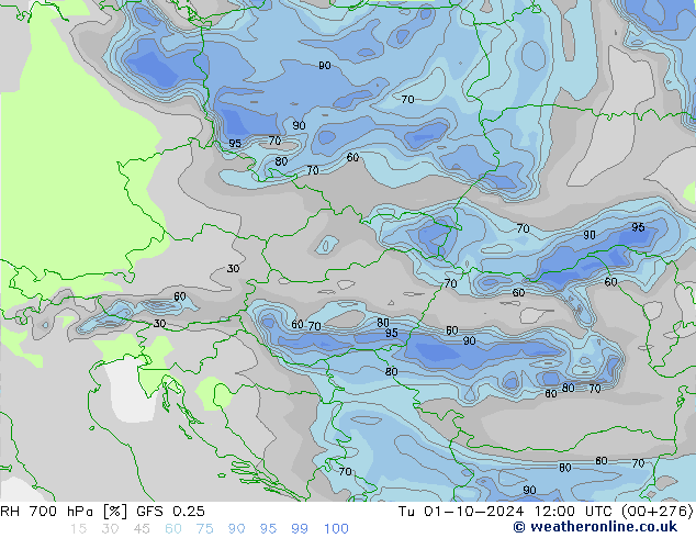 RH 700 hPa GFS 0.25 Tu 01.10.2024 12 UTC