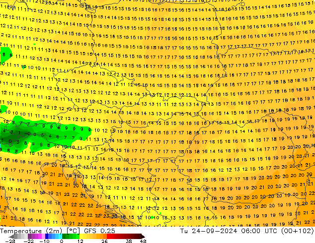 Temperature (2m) GFS 0.25 Út 24.09.2024 06 UTC