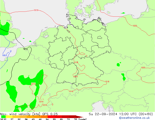 Max. wind snelheid GFS 0.25 zo 22.09.2024 12 UTC