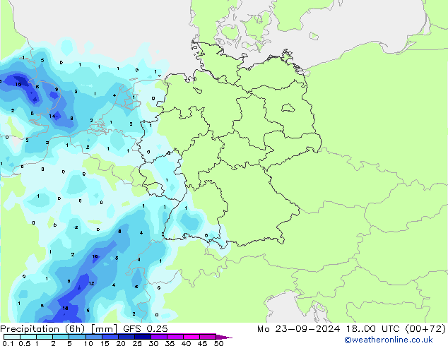 Totale neerslag (6h) GFS 0.25 ma 23.09.2024 00 UTC