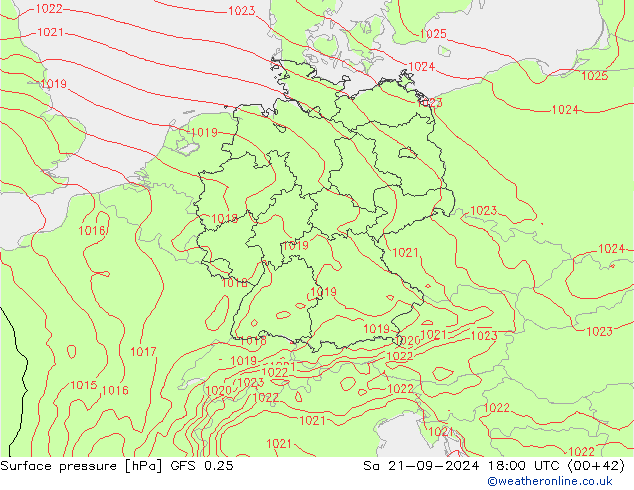 Atmosférický tlak GFS 0.25 So 21.09.2024 18 UTC