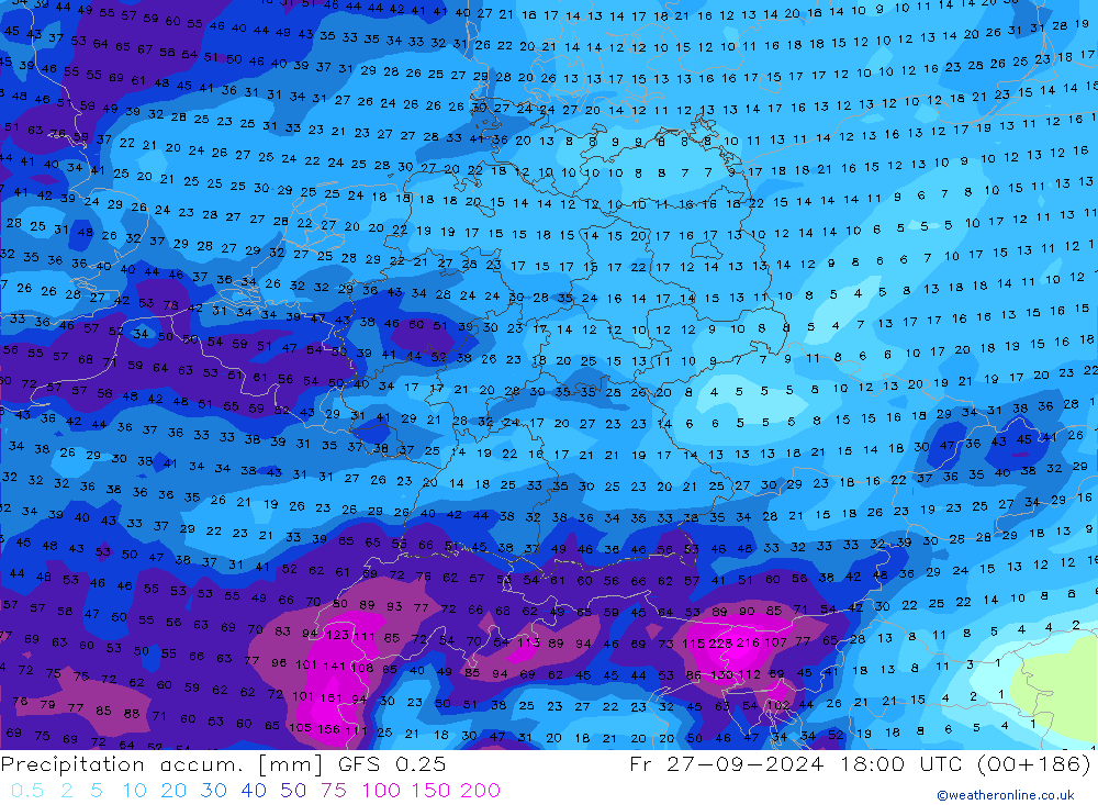 Précipitation accum. GFS 0.25 ven 27.09.2024 18 UTC