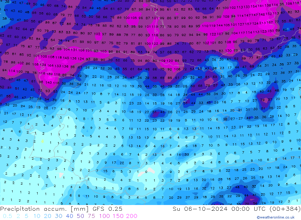 Precipitation accum. GFS 0.25 Dom 06.10.2024 00 UTC