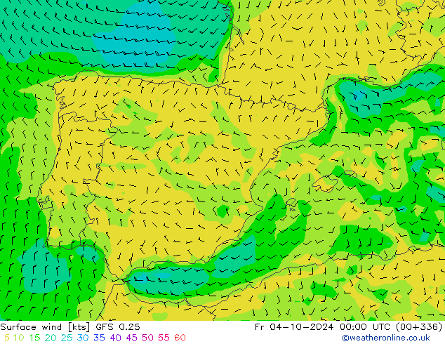 wiatr 10 m GFS 0.25 pt. 04.10.2024 00 UTC