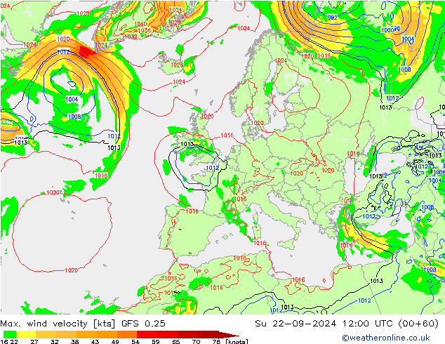 Max. wind snelheid GFS 0.25 zo 22.09.2024 12 UTC