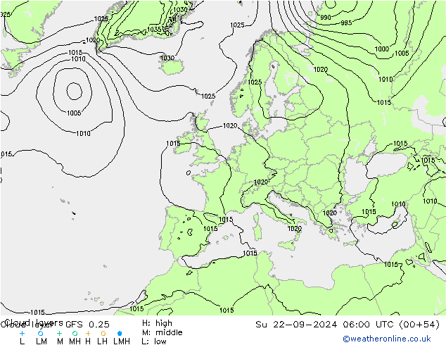 Cloud layer GFS 0.25 Вс 22.09.2024 06 UTC