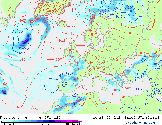 Z500/Rain (+SLP)/Z850 GFS 0.25 сб 21.09.2024 00 UTC