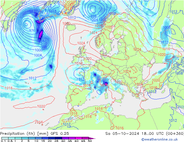 Z500/Rain (+SLP)/Z850 GFS 0.25 Sa 05.10.2024 00 UTC