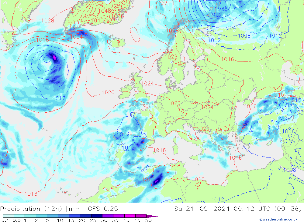 Precipitation (12h) GFS 0.25 Sa 21.09.2024 12 UTC