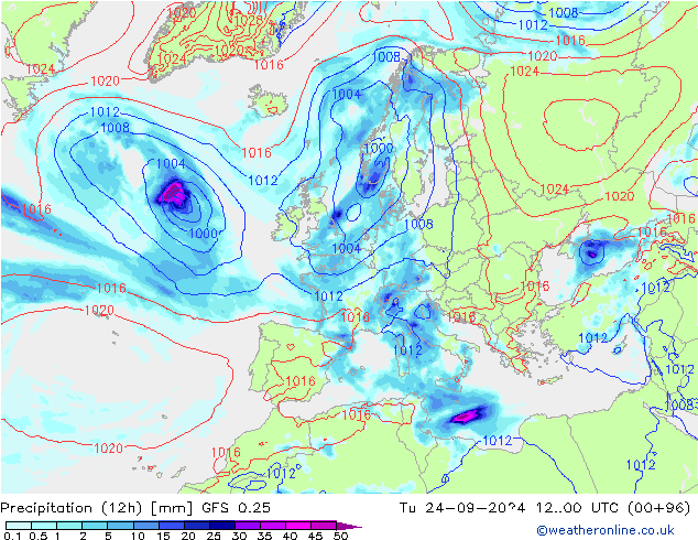 Yağış (12h) GFS 0.25 Sa 24.09.2024 00 UTC