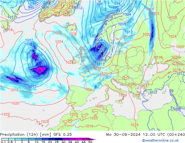 Précipitation (12h) GFS 0.25 lun 30.09.2024 00 UTC