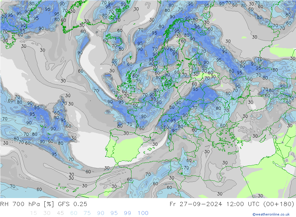 RH 700 hPa GFS 0.25 Fr 27.09.2024 12 UTC