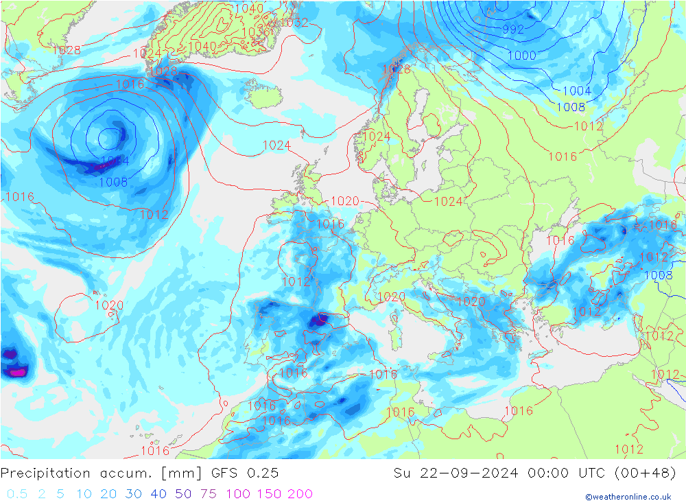 Precipitation accum. GFS 0.25 Su 22.09.2024 00 UTC