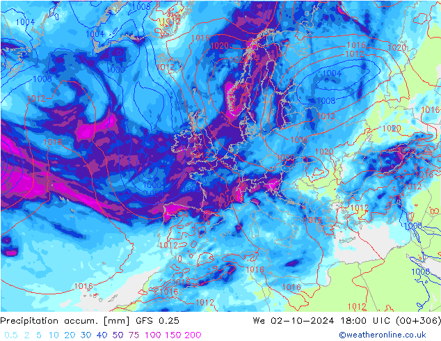 Precipitation accum. GFS 0.25 We 02.10.2024 18 UTC