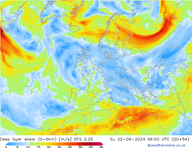 Deep layer shear (0-6km) GFS 0.25 Вс 22.09.2024 06 UTC