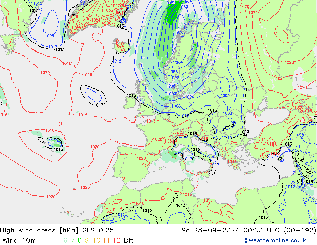 High wind areas GFS 0.25 сб 28.09.2024 00 UTC