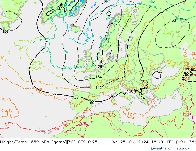 Height/Temp. 850 hPa GFS 0.25 We 25.09.2024 18 UTC