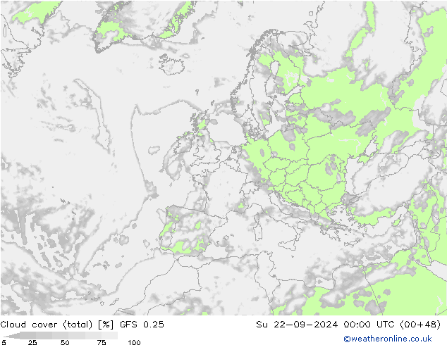 zachmurzenie (suma) GFS 0.25 nie. 22.09.2024 00 UTC