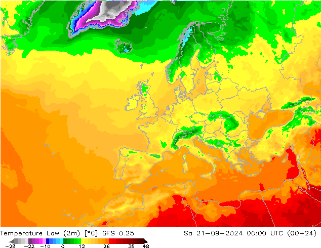 température 2m min GFS 0.25 sam 21.09.2024 00 UTC