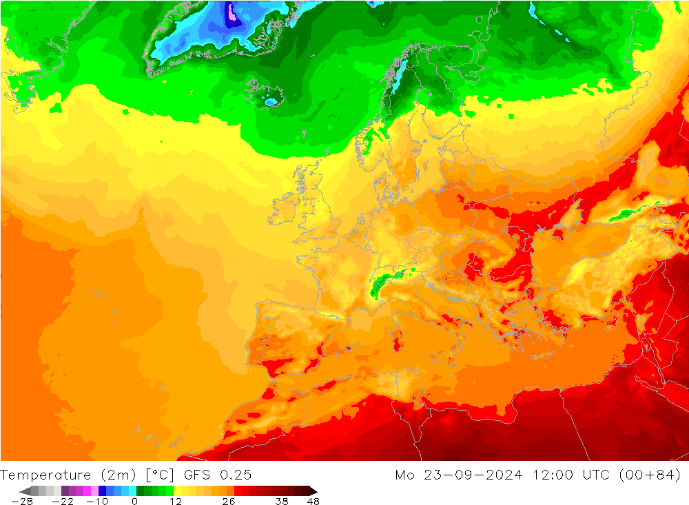 Temperaturkarte (2m) GFS 0.25 Mo 23.09.2024 12 UTC