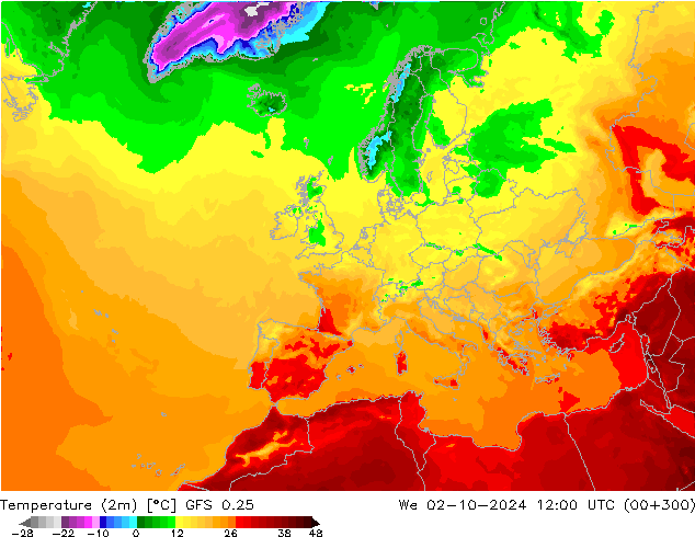 Temperature (2m) GFS 0.25 We 02.10.2024 12 UTC