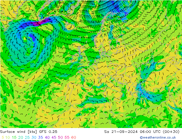 Surface wind GFS 0.25 Sa 21.09.2024 06 UTC