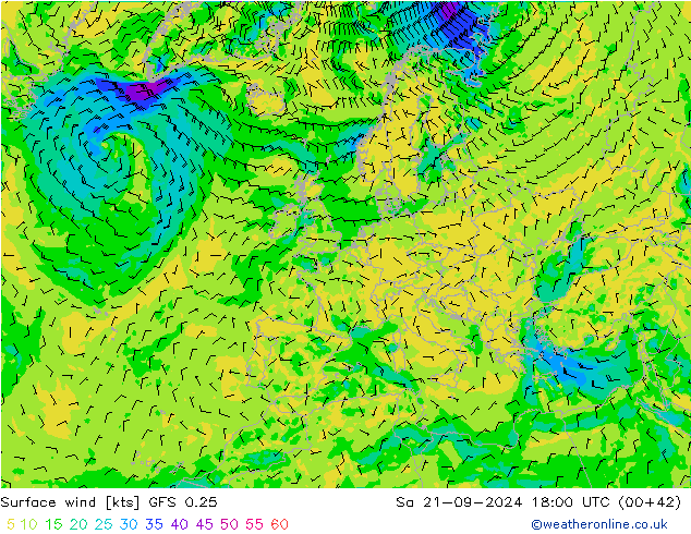 Surface wind GFS 0.25 So 21.09.2024 18 UTC