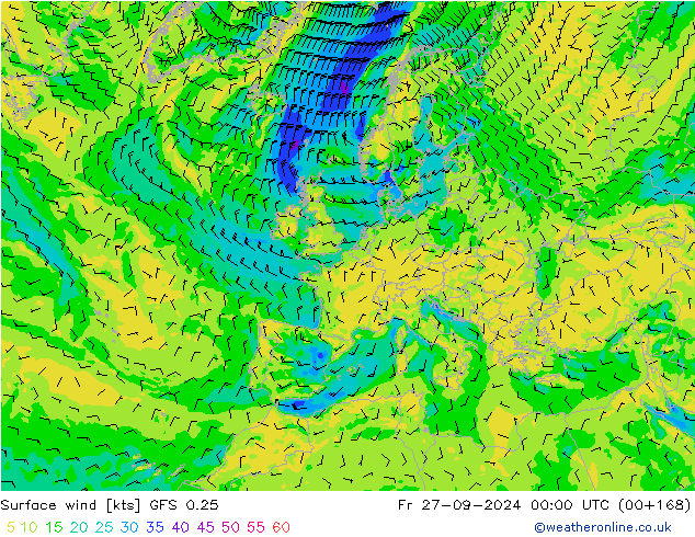 Surface wind GFS 0.25 Fr 27.09.2024 00 UTC