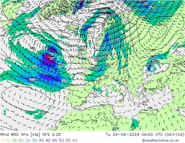 Wind 850 hPa GFS 0.25 Tu 24.09.2024 06 UTC