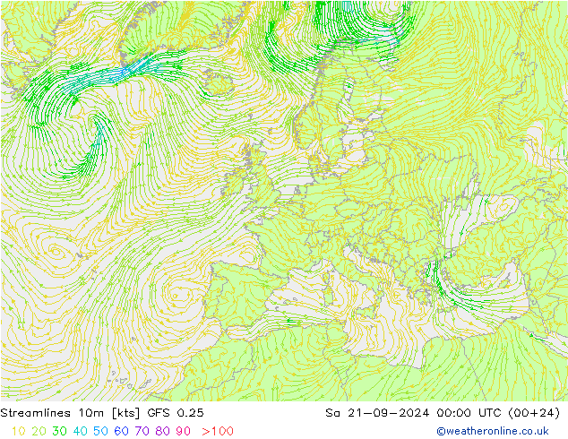 Línea de corriente 10m GFS 0.25 sáb 21.09.2024 00 UTC