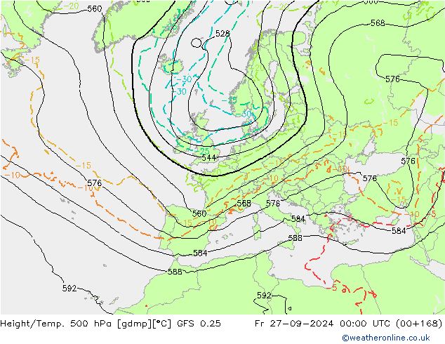 Z500/Rain (+SLP)/Z850 GFS 0.25  27.09.2024 00 UTC