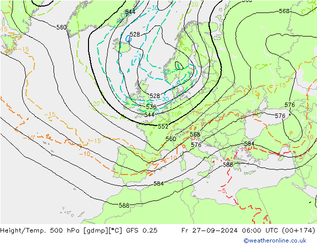 Z500/Rain (+SLP)/Z850 GFS 0.25 Fr 27.09.2024 06 UTC