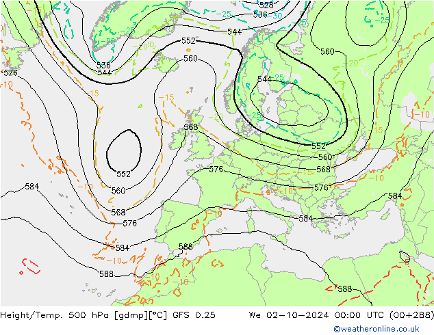 Z500/Rain (+SLP)/Z850 GFS 0.25 mer 02.10.2024 00 UTC