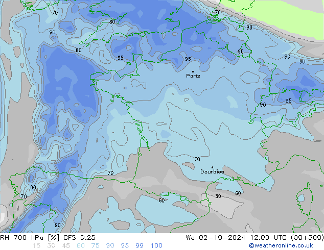 RH 700 hPa GFS 0.25  02.10.2024 12 UTC