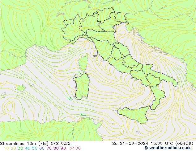 Streamlines 10m GFS 0.25 Sa 21.09.2024 15 UTC