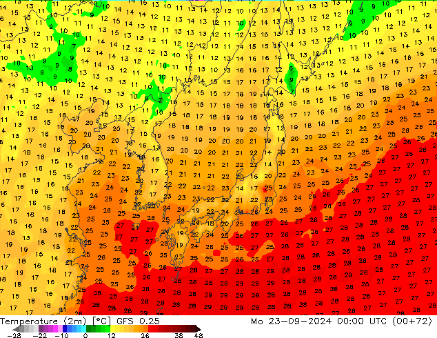 Temperature (2m) GFS 0.25 Mo 23.09.2024 00 UTC