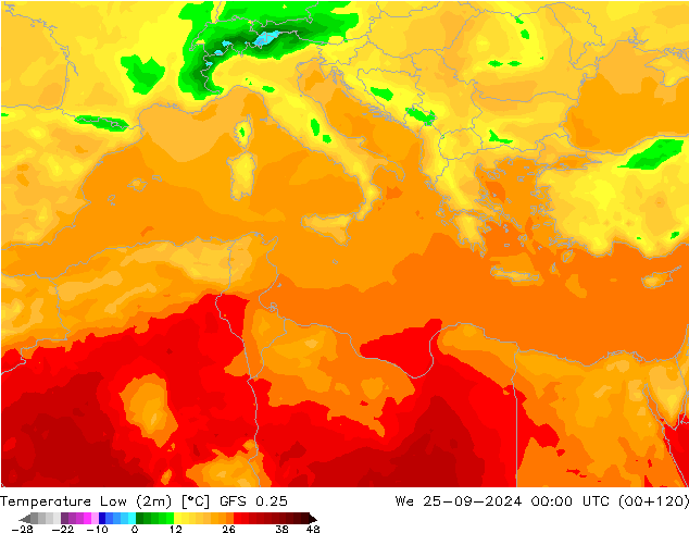 Minumum Değer (2m) GFS 0.25 Çar 25.09.2024 00 UTC