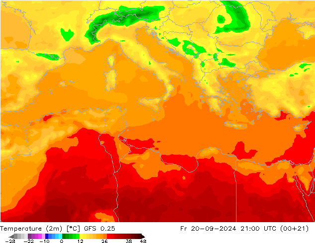 Temperaturkarte (2m) GFS 0.25 Fr 20.09.2024 21 UTC