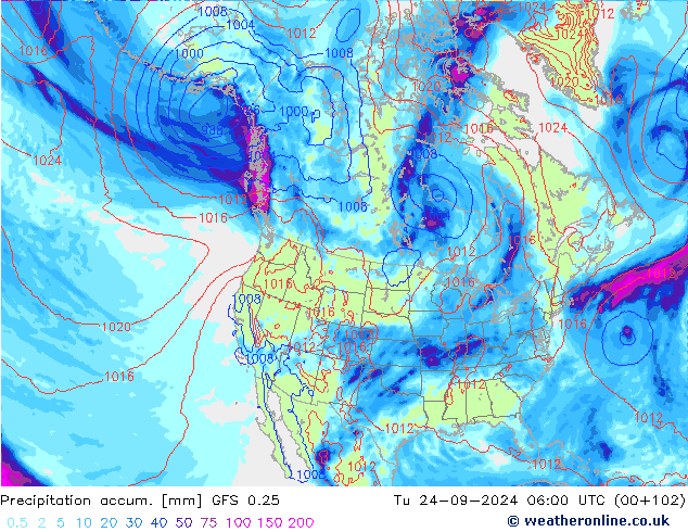 Precipitation accum. GFS 0.25 вт 24.09.2024 06 UTC