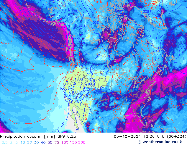 Precipitation accum. GFS 0.25 Th 03.10.2024 12 UTC