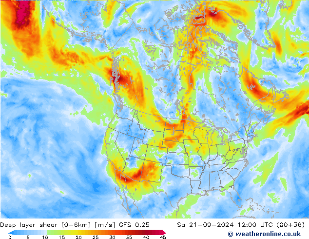 Deep layer shear (0-6km) GFS 0.25 Sa 21.09.2024 12 UTC