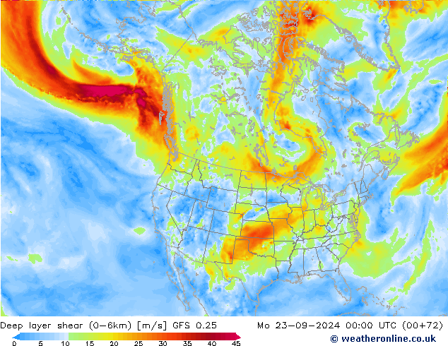 Deep layer shear (0-6km) GFS 0.25 Seg 23.09.2024 00 UTC