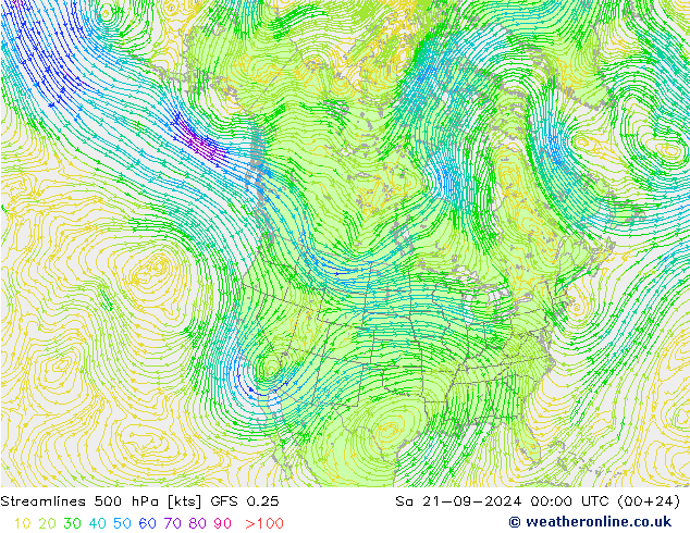 Ligne de courant 500 hPa GFS 0.25 sam 21.09.2024 00 UTC