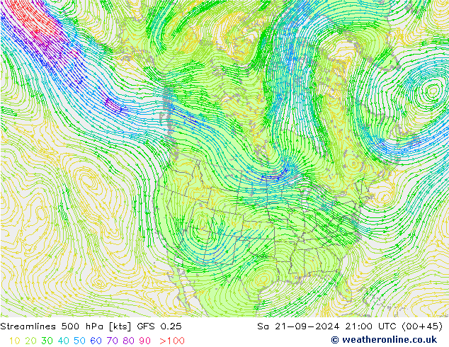 Streamlines 500 hPa GFS 0.25 Sa 21.09.2024 21 UTC