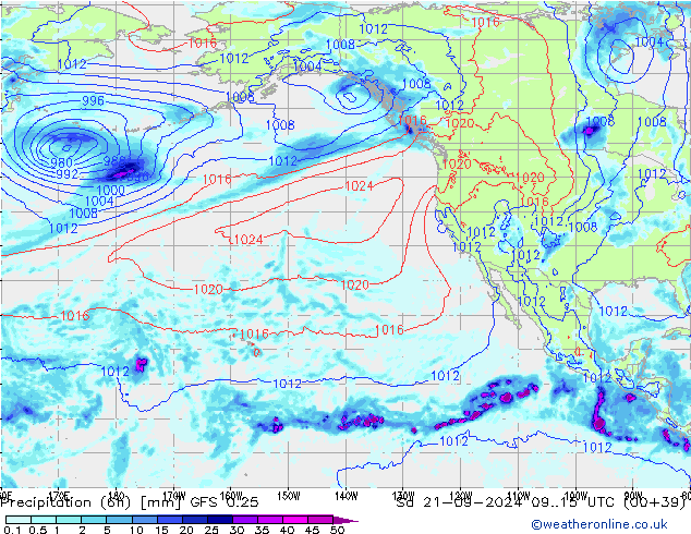 Z500/Rain (+SLP)/Z850 GFS 0.25 sab 21.09.2024 15 UTC