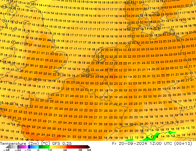 Temperature (2m) GFS 0.25 Fr 20.09.2024 12 UTC