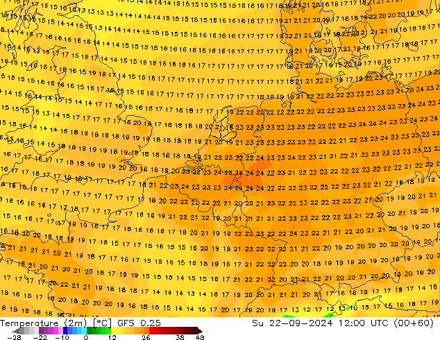 Temperature (2m) GFS 0.25 Su 22.09.2024 12 UTC