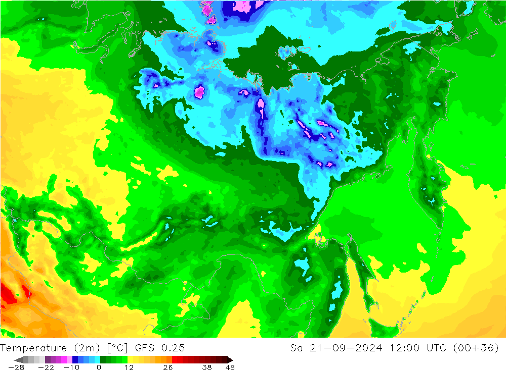 température (2m) GFS 0.25 sam 21.09.2024 12 UTC